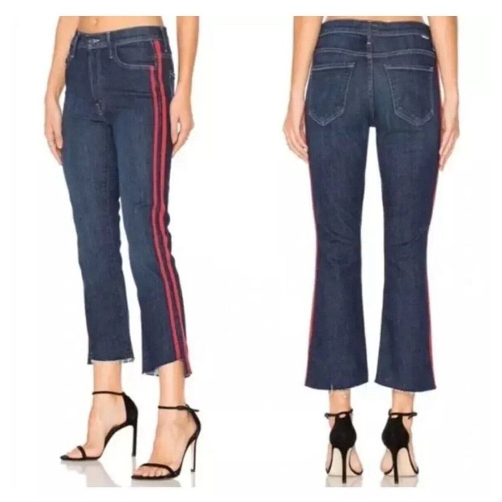 Mother Insider Step Crop Fray Jeans in Speed Racer Blue Red Side Stripe Size 26 - Picture 3 of 10